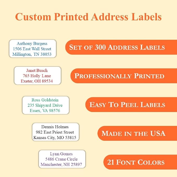 ALLIANCE BUSINESS PRODUCTS Return Address Labels Personalized, Address Labels for Envelopes, 300 Labels On Sheets (White) - 21 Colors, 2 5/8" x 1" - 300 Count