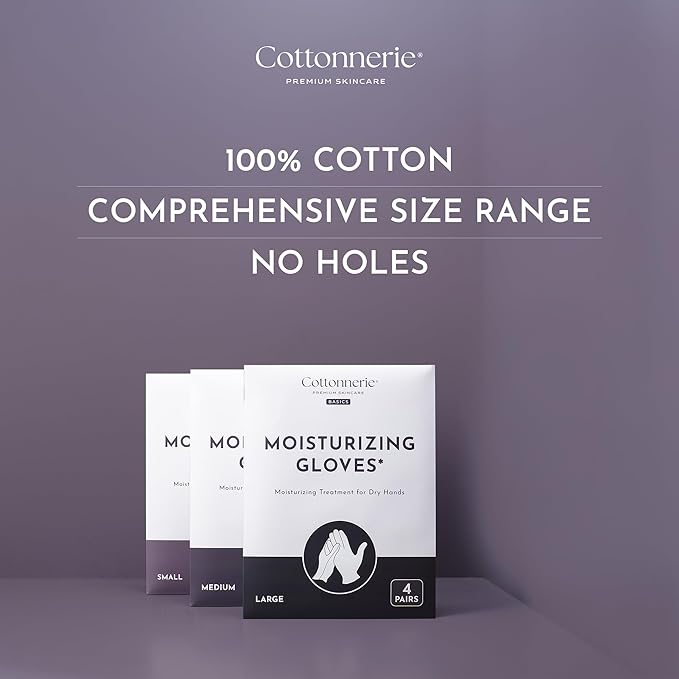 4 Pairs Cottonnerie Basics Cotton Gloves for Dry Hands Sleeping, Moisturizing Gloves Overnight, Hand Moisturizer Gloves, Moisture Gloves for Dry Hands Overnight, Sleeping Gloves, Medium