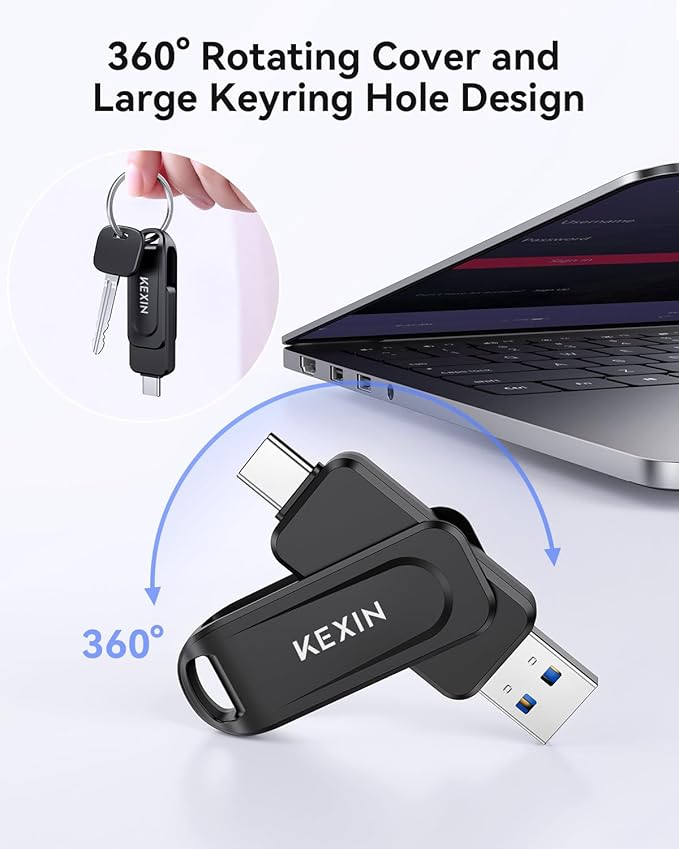 KEXIN Dual 64GB USB C Flash Drive 3.0 USB-A & Type-C Thumb Drive 100MB/s Swivel USB Drive 64GB Memory Stick for Smartphone Tablet iPhone 15/16 Car Game Console, Black