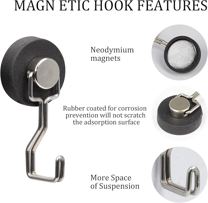 DUGUJIUJIAN Rubber Coated Anti-Scratch Heavy Duty Magnetic Hooks, Essential for Cruise Ship Cabins & Refrigerator Hanging, Rubber Coating Anti-Corrosion, Hook Magnets for Outdoor Grill(3, Sliver)
