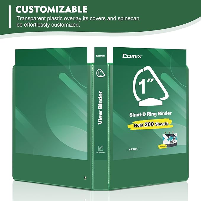 COMIX Sturdy 1 Inch Binders 3 Ring with Clear View Cover, 1" Slant-D Ring View Binder Holds 225 Sheets of US Letter Size Paper, 6 Pack (Green)