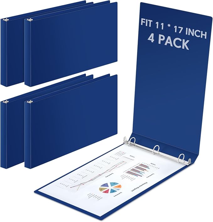 Humyoun 4 Pcs 11 x 17 Inch 3 Ring Binders 3 Inch Rings Heavy Duty View D Ring Binders Economy Holds 11" x 17" Paper for Artwork Blueprints, Office, Home, Work Places (Blue)