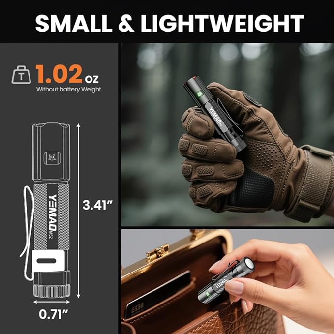 Yemao Emergency EDC Flashlight,Rechargeable 1500LM Mini Light - 6 Modes with Magnet/Clip,Portable Pocket-Sized Keychain Flashlight,IP6 Waterproof LED Torch for Outdoor and Home Use (Small)