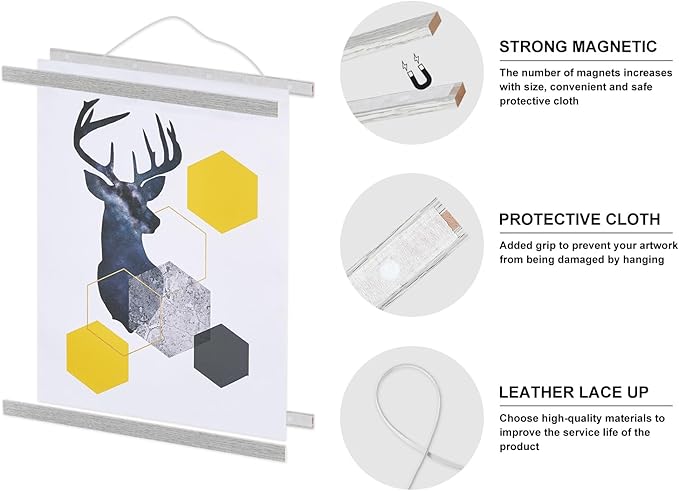 Benjia Magnetic Poster Hanger, 11x17 11x14 11x22 Poster Frame Wood Wooden Magnet Print Posters Dowel Scroll Hanger Hangers Hanging Kit for Walls Map Canvas Artwork (Grey, 11")