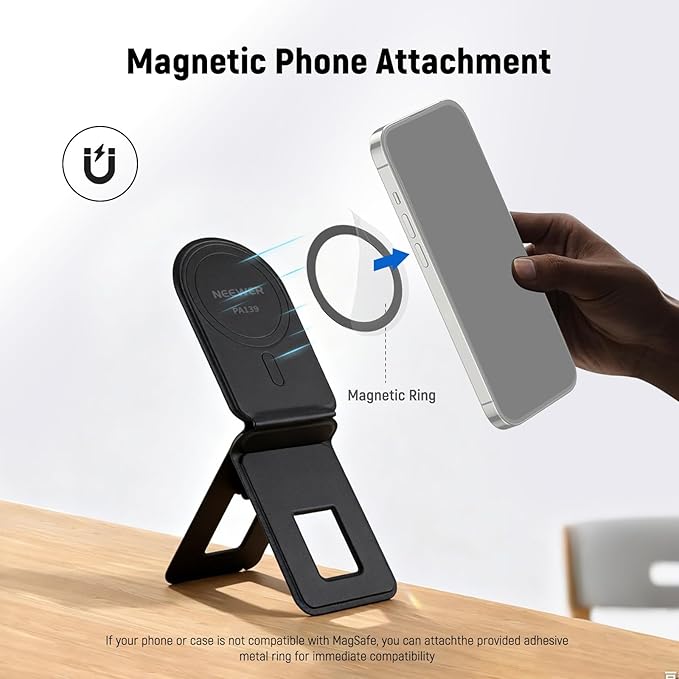NEEWER Magnetic Phone Desk Tripod Stand Selfie Stick, Multi Angle Foldable Lightweight Portable Leather Cell Phone Holder Compatible with MagSafe iPhone Samsung Android for Video Recording, PA139