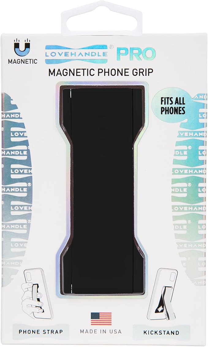 LOVEHANDLE PRO Premium Phone Grip - Silicone Phone Strap - Magnetic Phone Mount and Kickstand for Smartphone and Tablet - Black Silicone on Black Base
