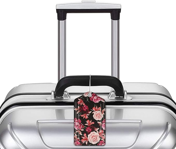 (Set of 2) Luggage Tag Leather Privacy Cover ID Label Address Card with Stainless Steel Loop, Travel Bag Tags Suitcase Labels, Black Flowers
