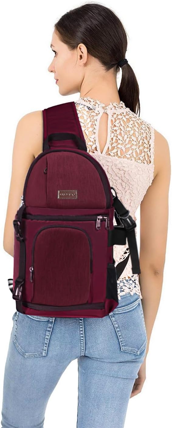MOSISO Camera Sling Bag, DSLR/SLR/Mirrorless Camera Backpack Case Shockproof Photography Backpack with Tripod Holder & Removable Modular Inserts Compatible with Canon/Nikon/Sony/Fuji, Wine Red