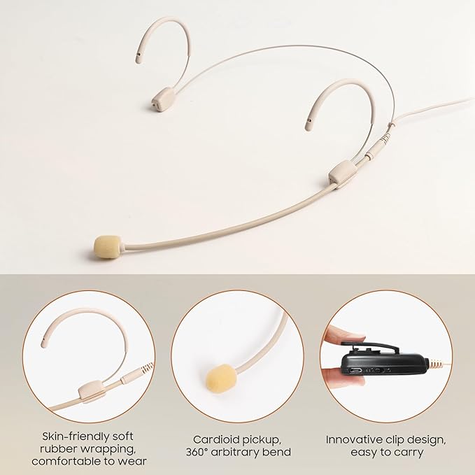 Wireless Headset Microphone, UHF Skin Tone Head Mic Speaker System, Beige Professional Voice Amplifier Microphones, with 164ft Range, Ideal for Teachers Tour Guides Fitness Coaches Conferences