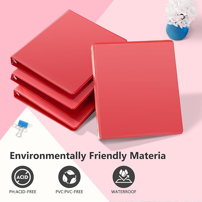 ViVin 1 Inch Round Ring View Binder for Durability, Standard 3 Ring Binder for 200 Sheets of US Letter Size Paper, PVC-Free, 6-Pack (Red)