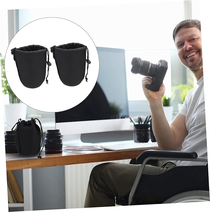 Camera Lens Bag 2Pcs Neoprene Padded Lens Pouch with Drawstring Protective Case for Dslr Lenses 5.5 X 3.7 X 3.7 Inch Compact Storage