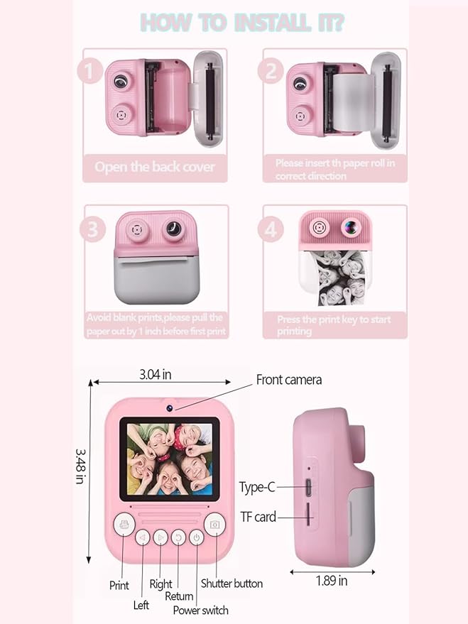 Dual-Lens Instant Print Camera for Kids, 48MP Thermal Instant Printing Camera with 2.4 Inch IPS Screen for Toddler, Boys Girls Christmas Birthday Gifts Photo Printer with 64GB SD Card (Pink)