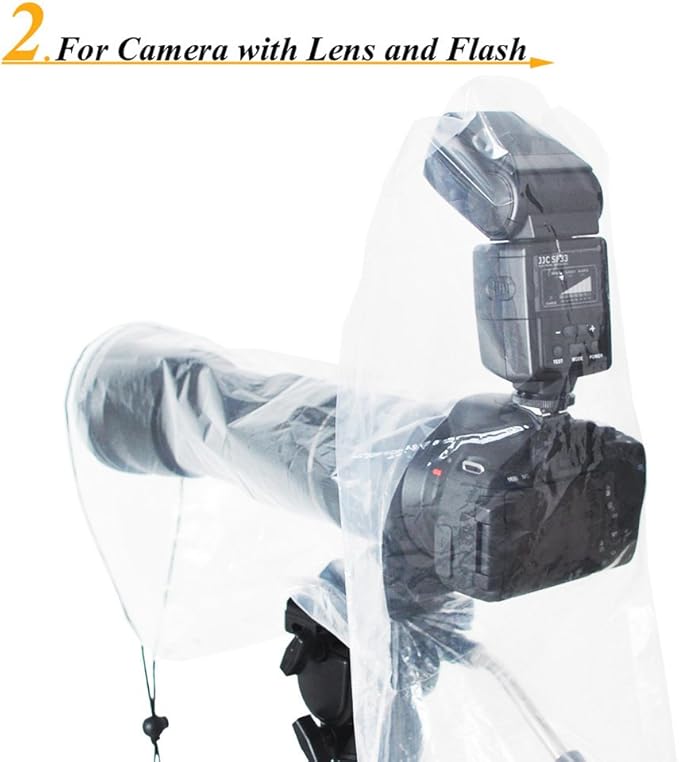JJC 2 Types DSLR Camera Rain Cover Coat Sleeve Protector for Canon Nikon Fujifilm Sony Olympus Panasonic Pentax Sigma with a Lens & Flash PE Material Clear See-Through(2 Pack)