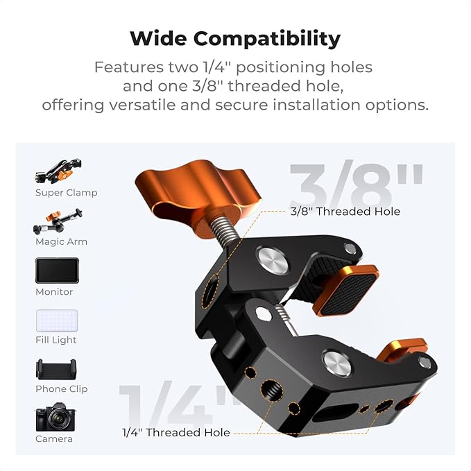 K&F CONCEPT Camera Mount Clamp, Super Crab Clamp with Rotatable Clamping Block, 1/4" and 3/8" Thread Holes for Round Pipe Flat Surface, Camera Mounts, and Other Photographic Accessories