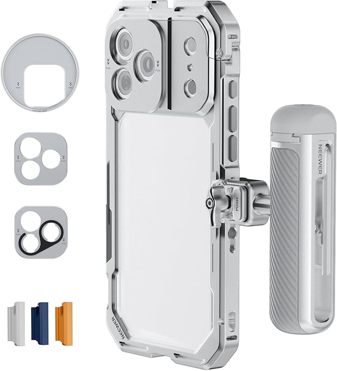 NEEWER Phone Cage Kit Compatible with iPhone 17 Pro Only, Video Rig Stabilizer Accessories with 67mm Filter Ring, 17mm & T Mount Lens Backplates, Quick Release Bluetooth Handle, PA143 (Silver)