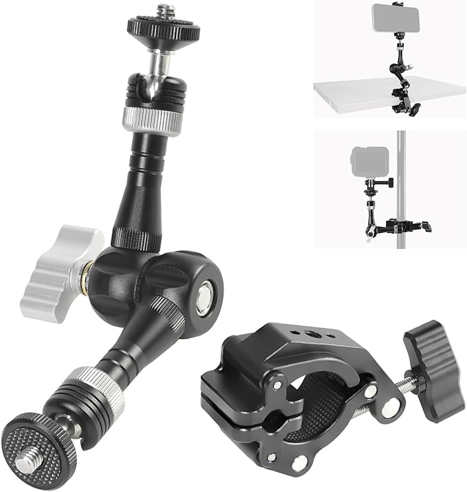 FIFIELD CNC Machined 7" Articulating Magic Arm Clamp Mount with Super Clamp, 360° Dual Ball Head & 1/4" ARRI Locating Pin&Holes, Camera Monitor Mount for Camera, Phone, LED Light, Phone,7" w/Clamp