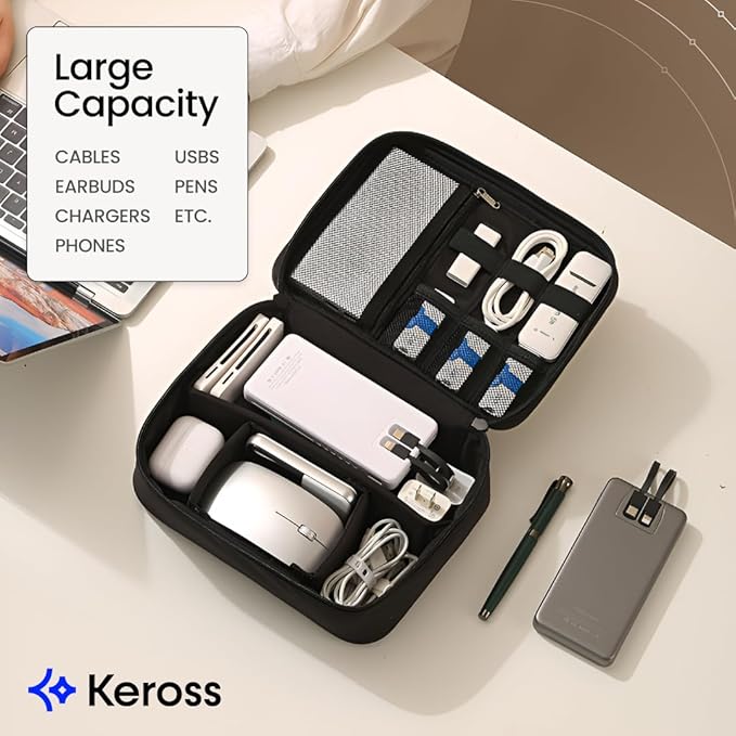 Keross Travel Cable Organizer Bag – Water-Resistant Electronics Pouch with 2 Compartments & Multiple Pockets for Chargers, USBs, Earphones, Power Banks – Tech Pouch for Work & Daily Use