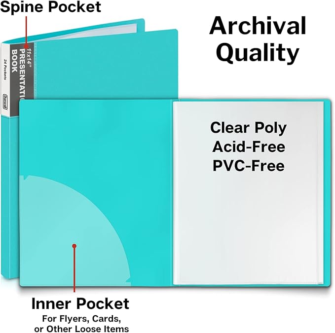 Dunwell 11x14 Art Portfolio Folder (Aqua), Presentation Binder with 24 Pockets, Large 11 x 14 Portfolio Binder, Acid-Free Poly Cover and Sleeves