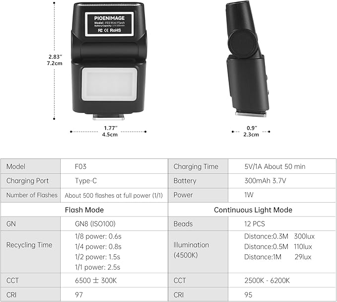 Mini Camera Flash Speedlite with Video Light, GN8 6500K Adjustable External Flash, Universal Single Contact Hot Shoe Mount, Compatible with Canon/Nikon/Sony/Fuji/DSLR