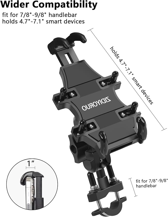 ATV Phone Holder, Quad Phone Mount, 8 Clamps Holds 4.7-7.1" Phones, One Hand Operation Motorcycle Phone Clip for 7/8-9/8" Handlebar,Compatible with Yamaha Polaris Honda Can Am