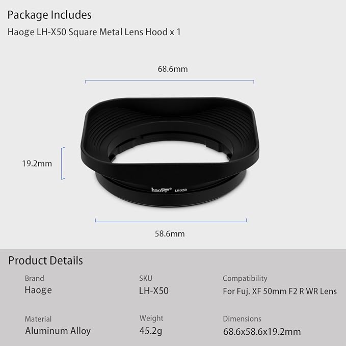 Haoge LH-X50 Bayonet Square Metal Lens Hood for Fujifilm Fuji Fujinon XF 50mm F2 R WR Lens on X-Pro2 X-Pro1 X-T2 X-T1 X-T20 X-T10 X-E2S X-A5 X-A20 X-E3 X-H1