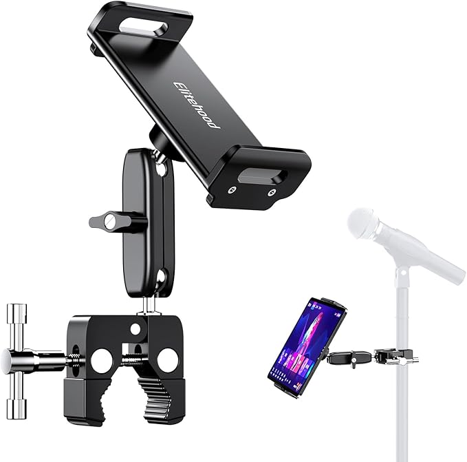 elitehood Aluminum Dual Ball Head Tablet Holder for Mic Stand, Adjustable iPad Mic Stand Holder, Side Mount Microphone Music Stand Phone Holder Mount for iPad, iPhone,4, 7-12.9in Tablets