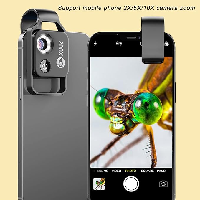 FLEXMAN 200X Phone Pocket Microscope with CPL Lens, USB Rechargeable Portable Digital Microscope Camera Attachments with Universal Phone Clip for Smartphones, Gardener, Watch, Jewelry(Black)