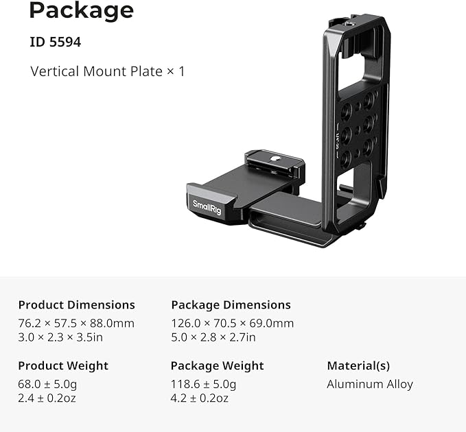 SmallRig Vertical Mount Plate for Cage, Built in 1/4''-20 Thread and Baseplate for Arca-Type, L Bracket Switching Grip for Tripods, for DJI RS 4 Pro/RS 4 Mini/RS 4 / RS 3 Pro / RS3 / RS2-5594