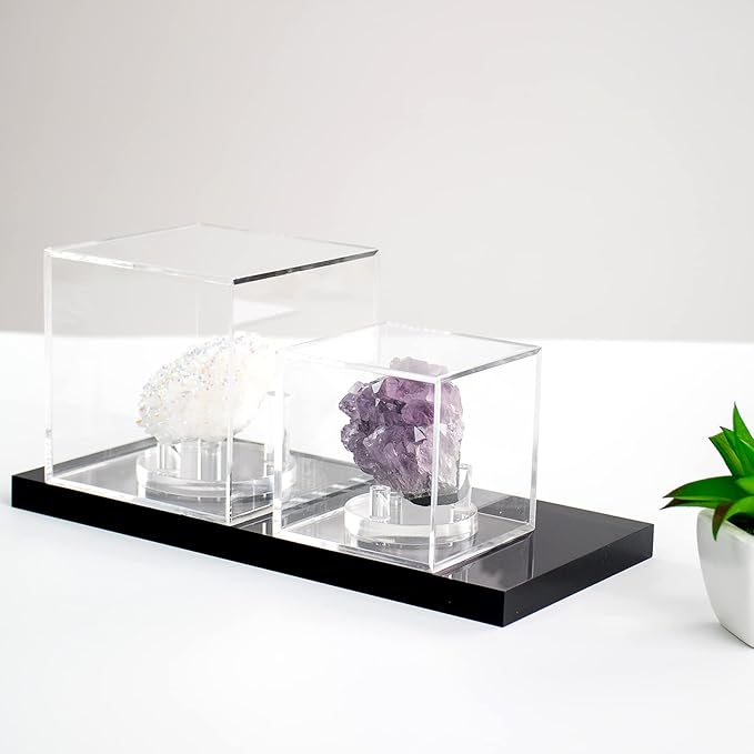 3 Pegs Round Display Easel Stands with Transparent Acrylic Box, Multiple Decoration Storage Case, Small Items Stands for Displaying Collectible Stone Rock Mineral Geodes (Medium-4x4x4in, 1Pcs)