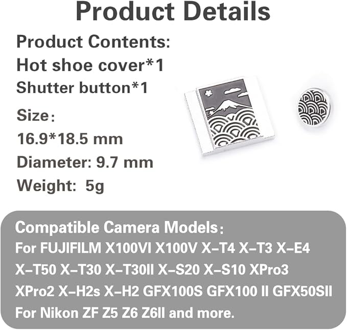 Camera Metal Hot Shoe Cover Shutter Buttons Sea of Clouds for FUJIFILM X100VI X100V XPro1 X-T4 X-T3 X-T50 X-T30 for Nikon (Hot Shoe Shutter Kit - Aluminum)
