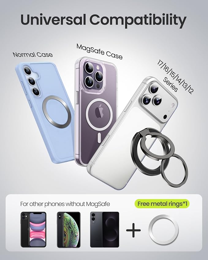 UBeesize Magnetic Phone Ring Holder for MagSafe, Double-Sided Magnet Cell Phone Grip, Portable Finger Kickstand Compatible with iPhone 17 16 15 14 13 12 Series and Android Phones
