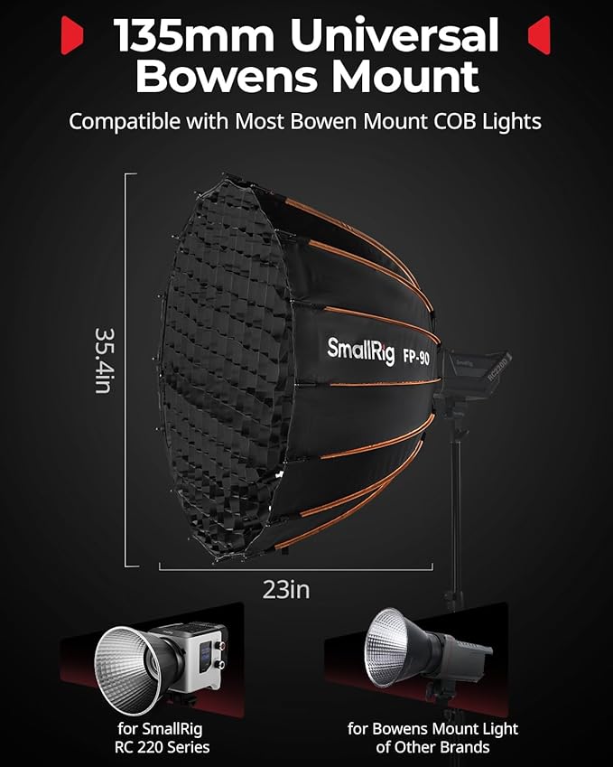 SmallRig FP-90 35.4" Parabolic Softbox with Bowens Mount for Studio Photography, Quick Release Soft Box with Honeycomb Grid, Diffusers, for SMALLRIG RC 220 pro, for Neewer for Godox for Aputure - 5395
