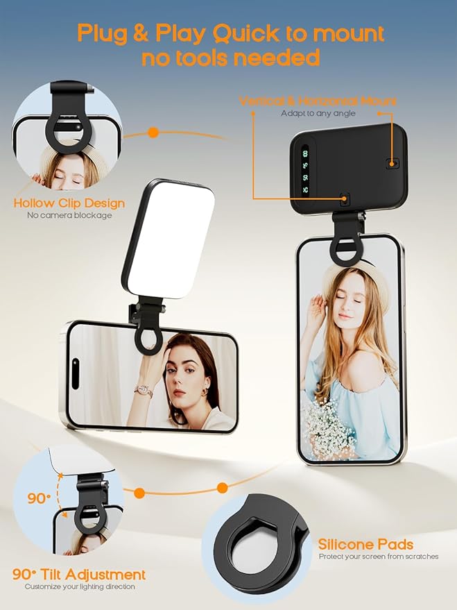 Selfie Light Rechargeable Phone Light Clip-On – Portable LED Selfie Light with 3 Color Modes & 10 Brightness Levels for iPhone, TikTok, Makeup, Vlogging, Live Streaming, Zoom