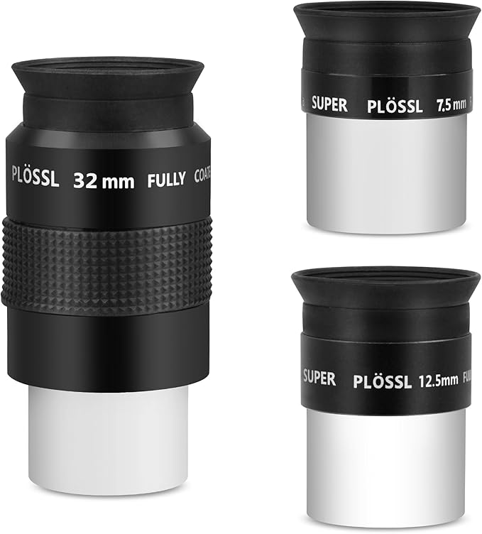 Astromania Telescope Eyepiece Set 1.25 Inch Super Plossl Eyepiece Set 7.5mm 12.5mm 32mm, 5 Element Fully Multi Coated Metal 52 Degree Apparent Field, Telescope Accessory Set for Astronomy Telescope