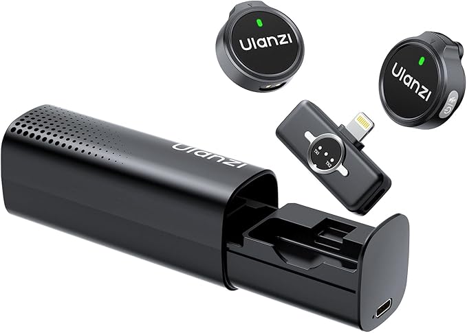 ULANZI A21 Drawer Wireless Microphone for iPhone 14/13/12/11(2TX + Lightning RX), Mini Lapel Mic with 32khz 24bit, AI Noise Reduction, Ultralight Button TX, 36H Battery for Video Recording, Streaming