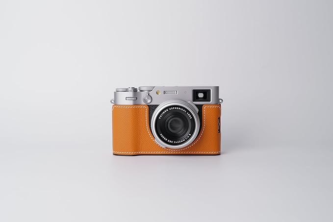 Genuine Leather Camera Half Case for Fujifilm X100VI - Top Layer Cowhide Body + Metal Base Plate - Hand Shank Free Design (Orange)