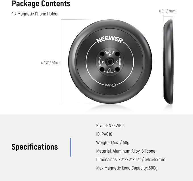 NEEWER Magnetic Phone Tripod Mount Adapter with 1/4" Holes Compatible with iPhone MagSafe Selfie Stick for 15 Pro Max 15 Plus 14 13 12 Pro Max Mini, Phone Holder for Ring Light Video Recording, PA010