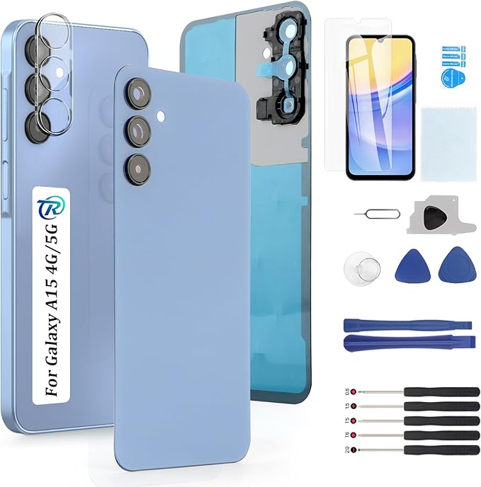YWLRONG for Samsung Galaxy A15 Back Glass Replacement for Samsung Galaxy A15 5G A156U A15 4G A155U Rear Glass Replacement Battery Cover Housing Door Accessories Parts with Repair Tools (Blue)