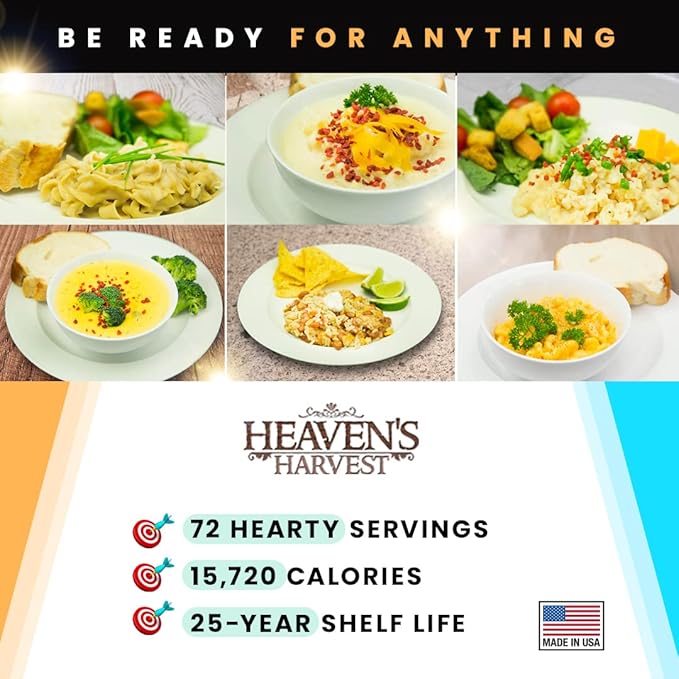 Heaven’s Harvest 25-Year Family Food Kit — Premium Emergency Food Supply. Freeze Dried Survival Food Kit + Water-Proof 25-Year Storage Bucket. MRE Meals, Non-Perishable Camping Food