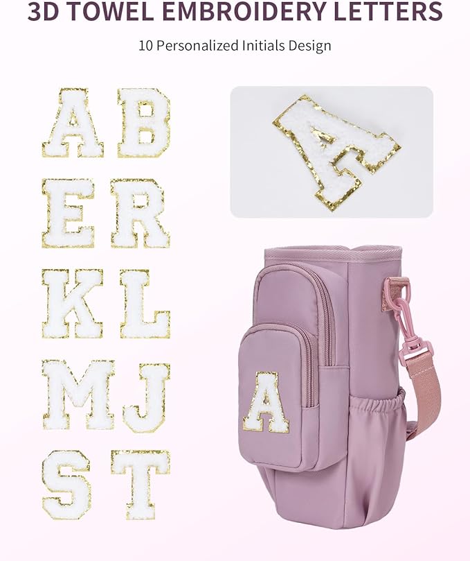 sportsnew Birthday Gifts for Women Personalized Initial Water Bottle Holder with Strap fits most 40oz Tumbler with Handle Water Bottle Carrier Bag with Phone Pocket & Straw Topper Tumbler Accessories