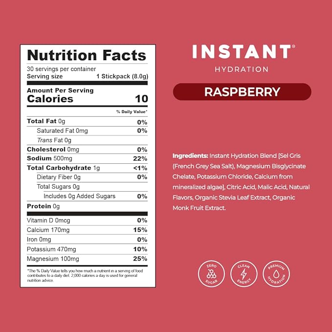 Instant Hydration Electrolytes Powder Packets - Raspberry Electrolyte Drink Mix - Zero Sugar - Keto, Vegan, Gluten-Free, Non-GMO - Boost Recovery, Brain Health, Muscle & Tissue Support- 30 Sticks