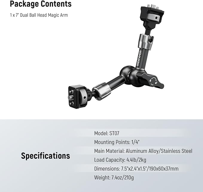 NEEWER 7" Articulating Magic Arm with 360° Ball Heads & Locating Pins for ARRI, Camera Monitor Mount with 1/4" Screws for DSLR Action Camera Monitor Video Light Compatible with SmallRig Cage Rig, ST07