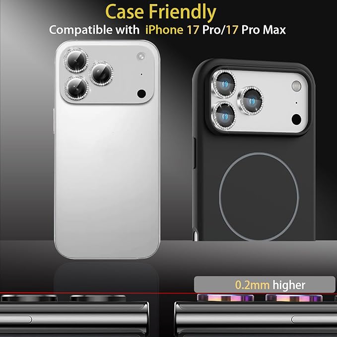 Camera Lens Protector for iPhone 17 Pro/17 Pro Max, Aluminum Alloy Tempered Glass Lens Protector with Installation Frame Fits for iPhone 17 Pro/17 Pro Max (Diamond Silver)