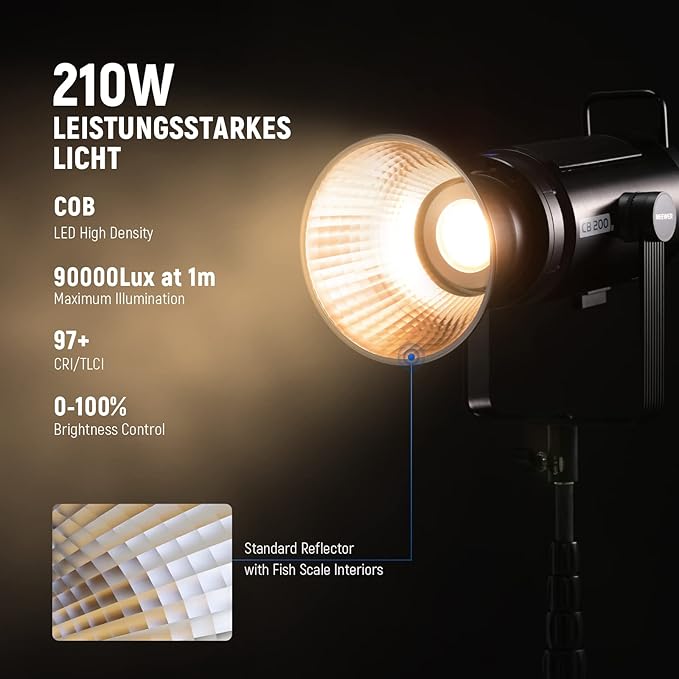 NEEWER CB200B 210W LED Video Light with 2.4G/APP Remote Control, All Metal Bi Color COB Continuous Output Lighting with Bowens Mount 90000Lux/1m 2700K-6500K CRI/TLCI97+ 12 Effects for Video Recording