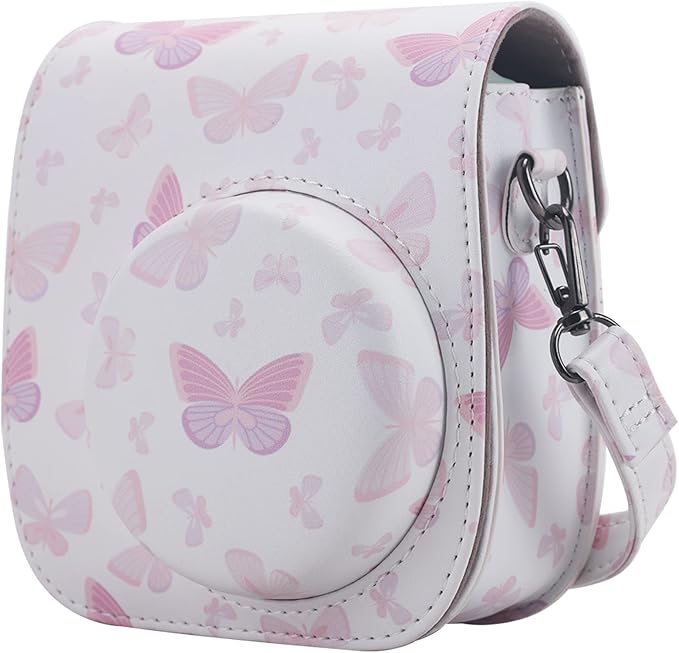 Frankmate Protective Case Fit for Fujifilm Instax Mini 12 11 9 8 Camera, PU Leather Camera Bag with Pocket and Adjustable Shoulder Strap (White Pink Butterfly)