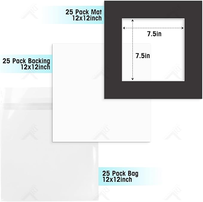 Golden State Art, Acid-Free, Pack of 25, 12x12 Black Picture Mats Mattes with White Core Bevel Cut for 8x8 Photo + Backing + Bags