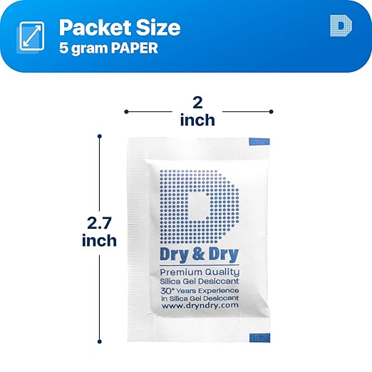 Dry & Dry 5 Gram [250 Packets] Premium Silica Gel, Desiccant Packs, Silica Packets - Rechargeable Silica Gel Packets, Silica Gel, Silica Gel Packs