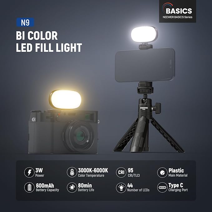 NEEWER Basics Portable Selfie Light, 3W Clip on Phone Small LED Cold Shoe Camera Lighting, 600mAh CRI95 3 Color Modes Dimmable for iPhone iPad Laptop Webcam Zoom Video Conference Recording Vlog, N9