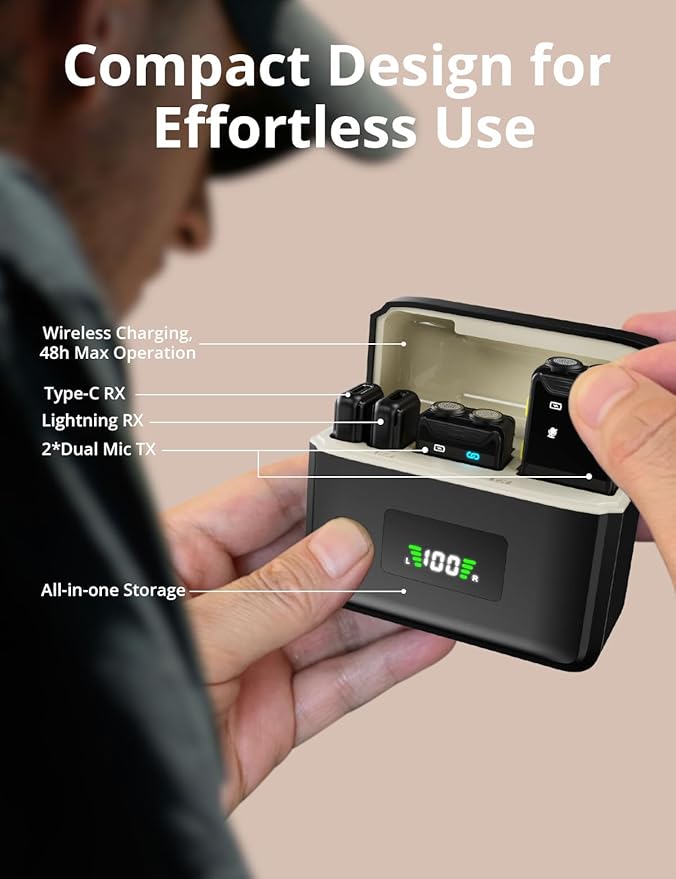 Mini Microphone for iPhone/Android(2TX+2RX+Charging Case)with AI Noise Cancelling, Wireless Lavalier Mic with 48kHz/24-bit High Fidelity,48H,164FT for Vlogging/Video Recording/Content Creators/TikTok