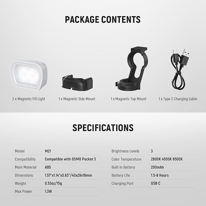 NEEWER Basics 2 Pack Magnetic Auxiliary Light Compatible with DJI OSMO Pocket 3 Gimbal Camera Creator Combo, USB C Rechargeable Mini LED Fill Light Attachment for Selfie Vlog Video Recording, M21